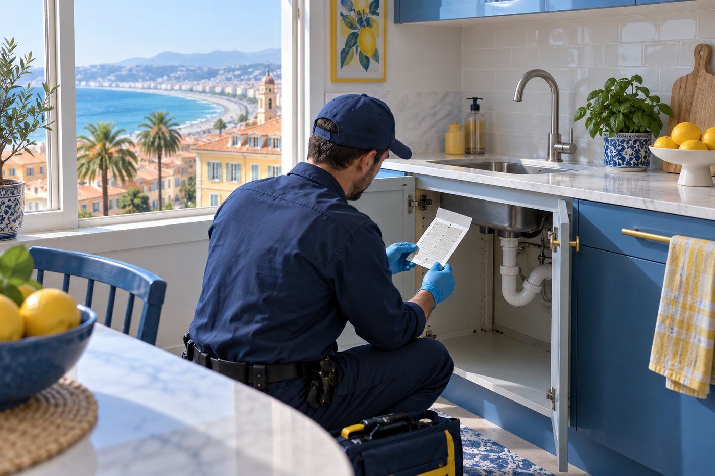 Technicien contrôlant un piège de surveillance placé sous un évier, à Nice