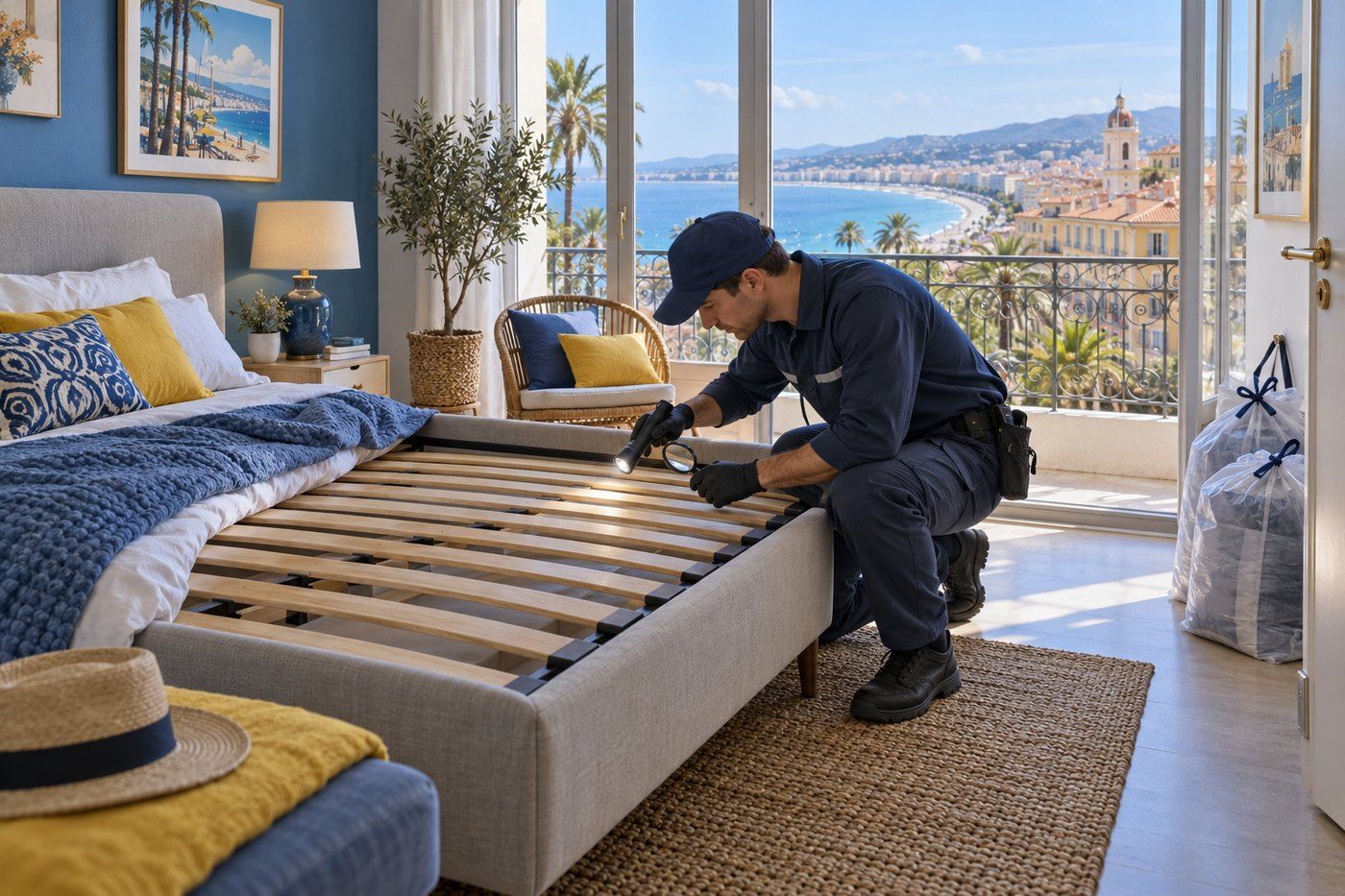 Technicien inspectant les lattes d'un sommier à la lampe, à Nice